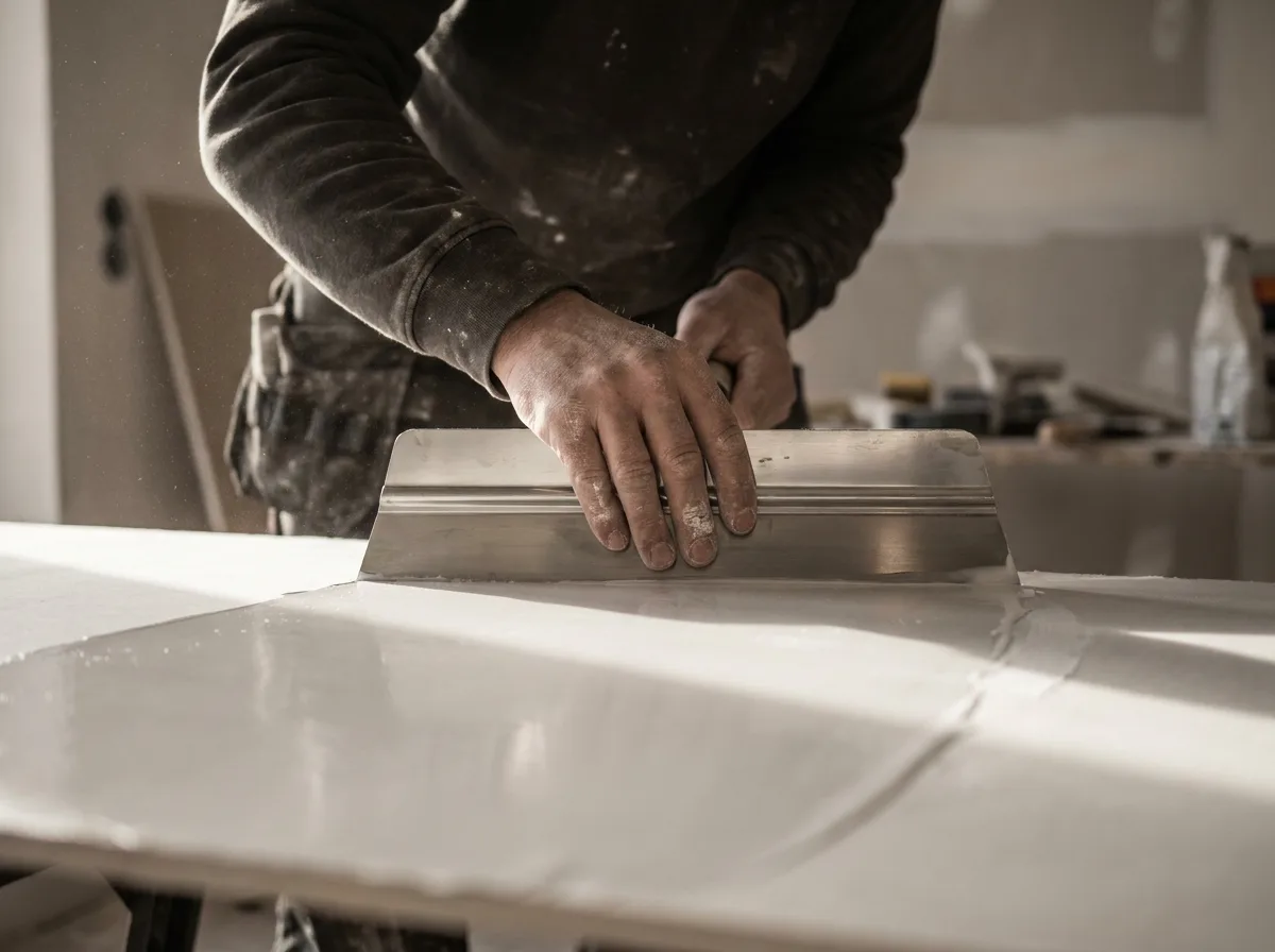 Handwerker bei Spachtelarbeiten mit Glättkelle