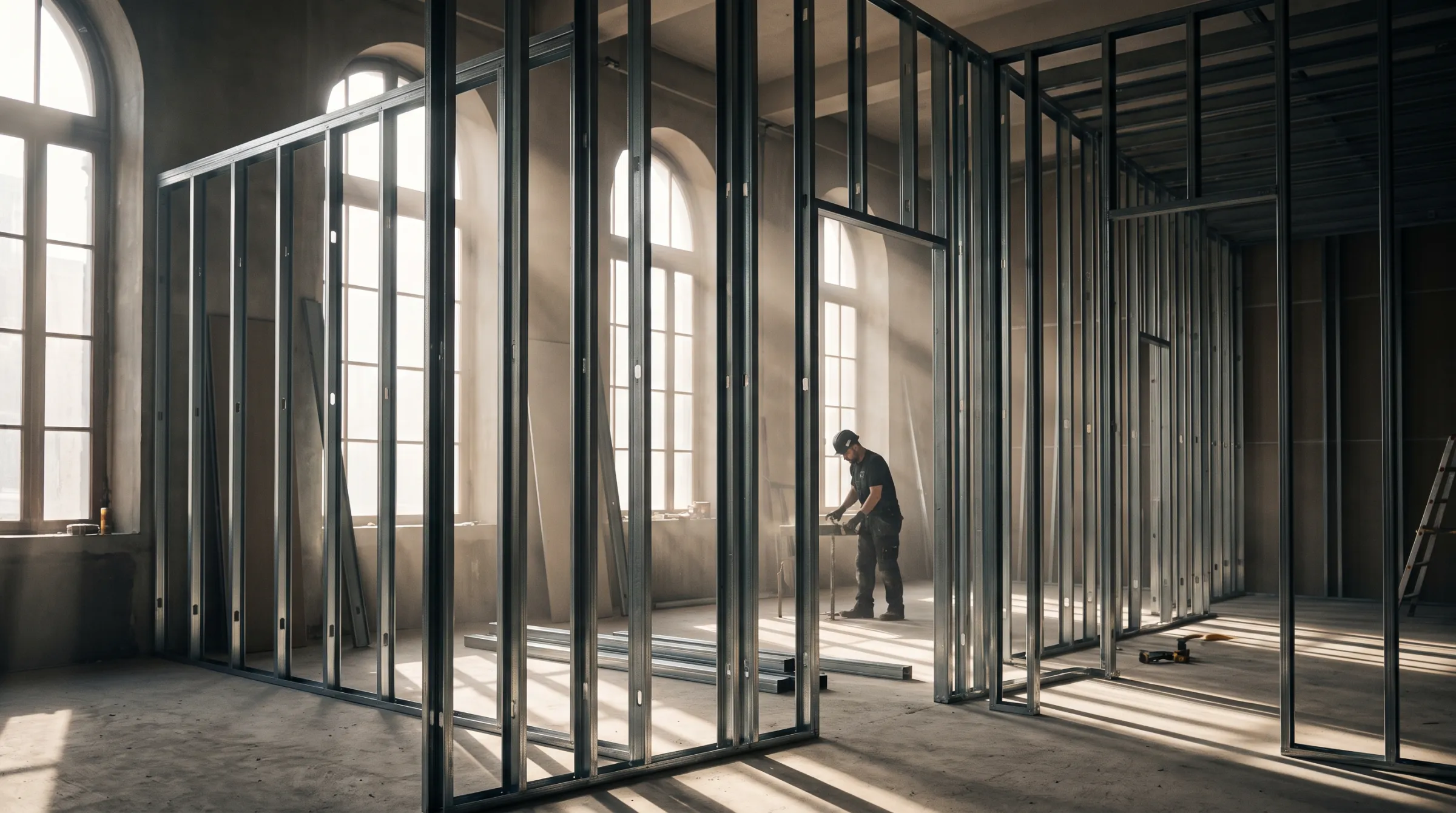Metallständerwerk im Rohbau eines hohen Innenraums