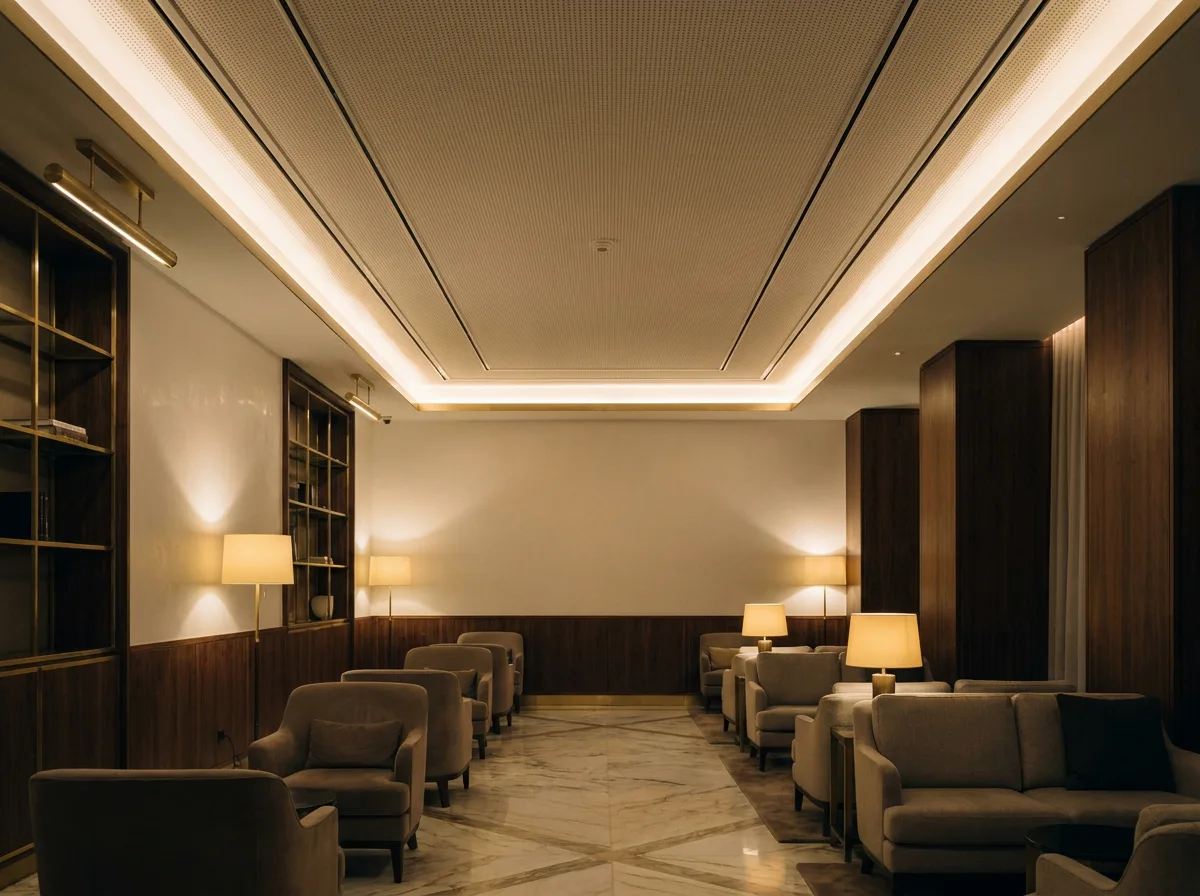 Hotellounge mit abgehängter Akustikdecke und Lichtvoute